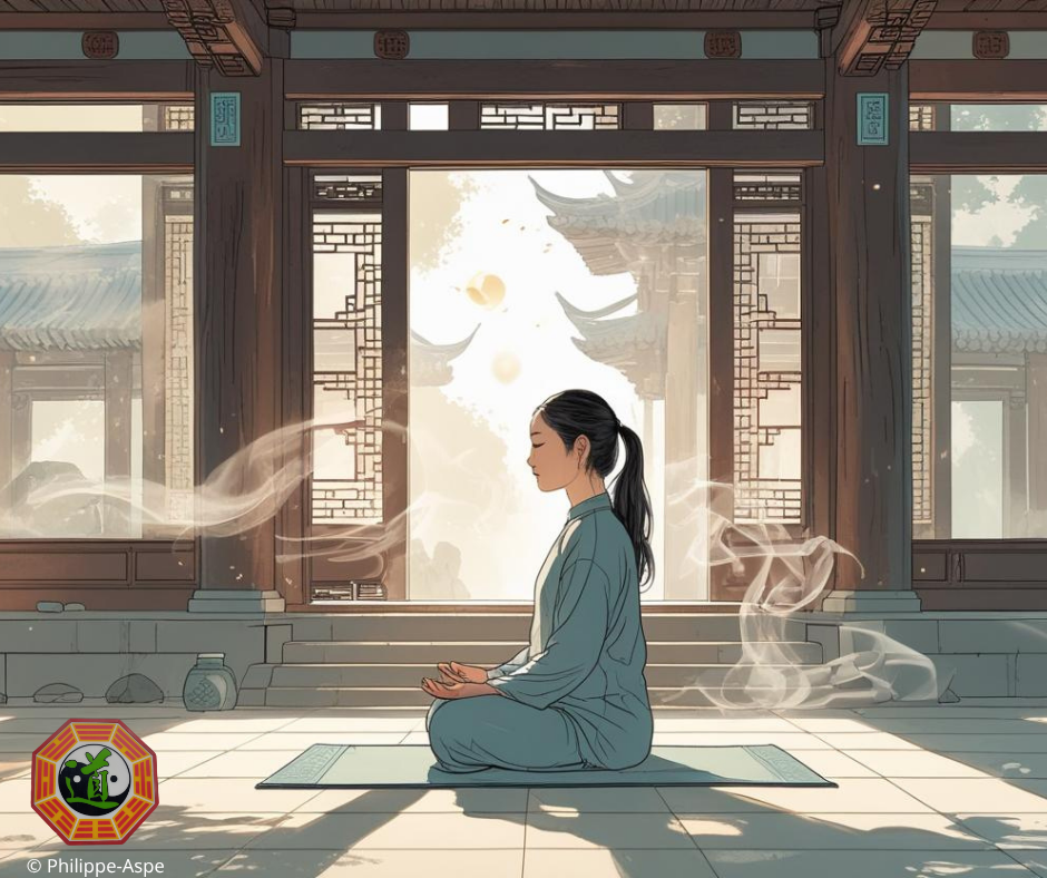Dessin d'une jeune fille en méditation assise dans un pavillon chinois en bois.