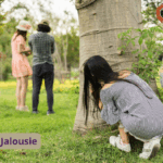 Une jeune femme cachée derrière un arbre espionne un jeune couple