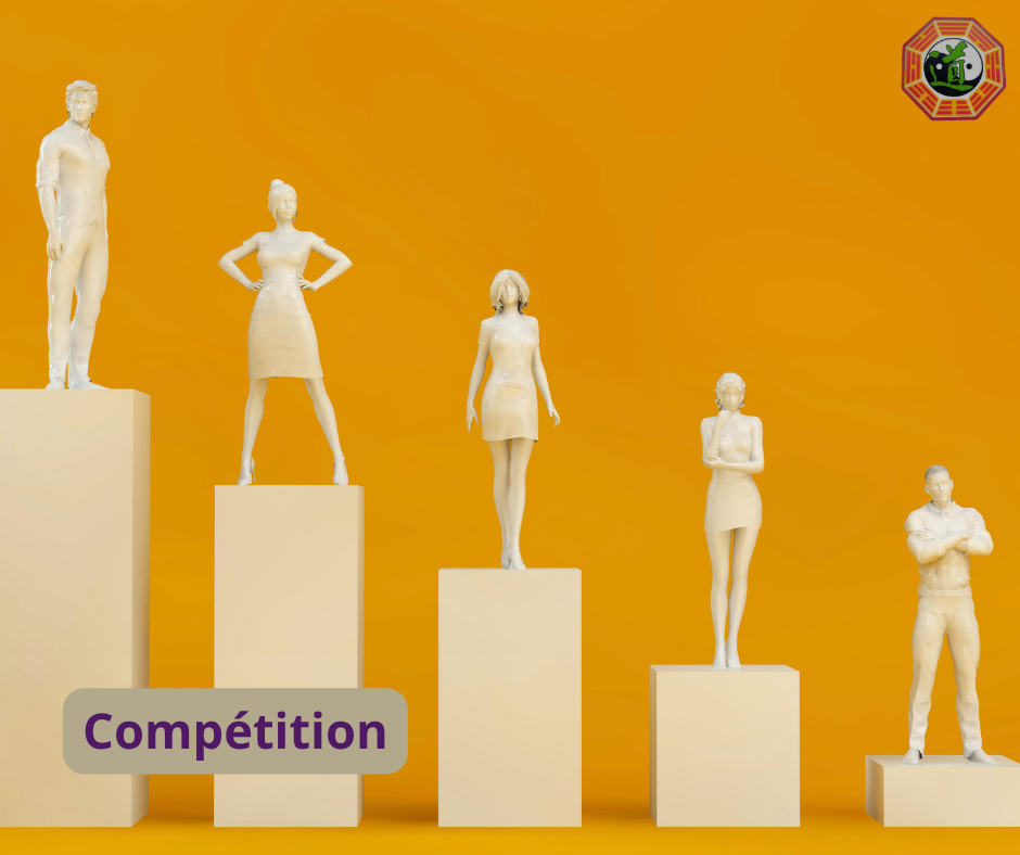 Podium avec des individus sur différentes marches, pour illustrer la compétition dans la vie moderne.