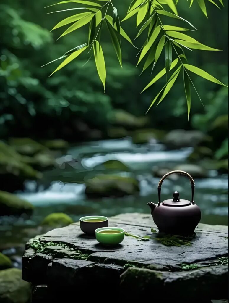 théière et tasses au bord de la rivière, une exemple de la vie taoïste simple et proche de la nature
