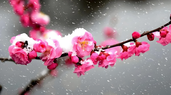 cerisier en fleurs couvert de neige