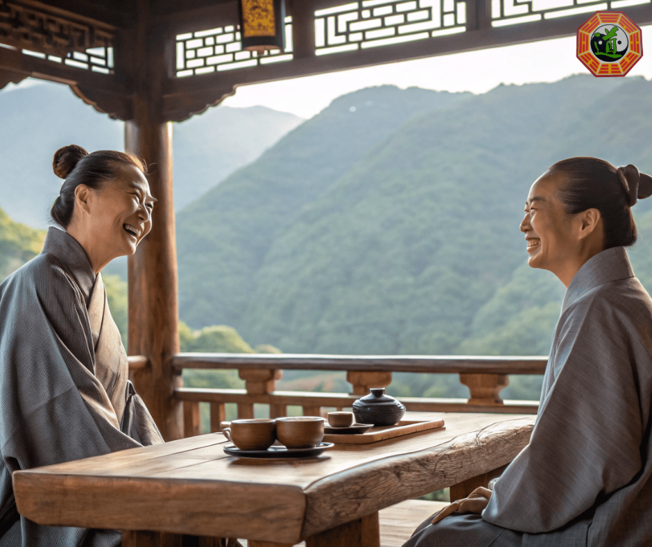 deux nonnes chinoises rient en paratgeant une simple tasse de thé dans un pavillon de montagne en plein air, simplicité et harmonie